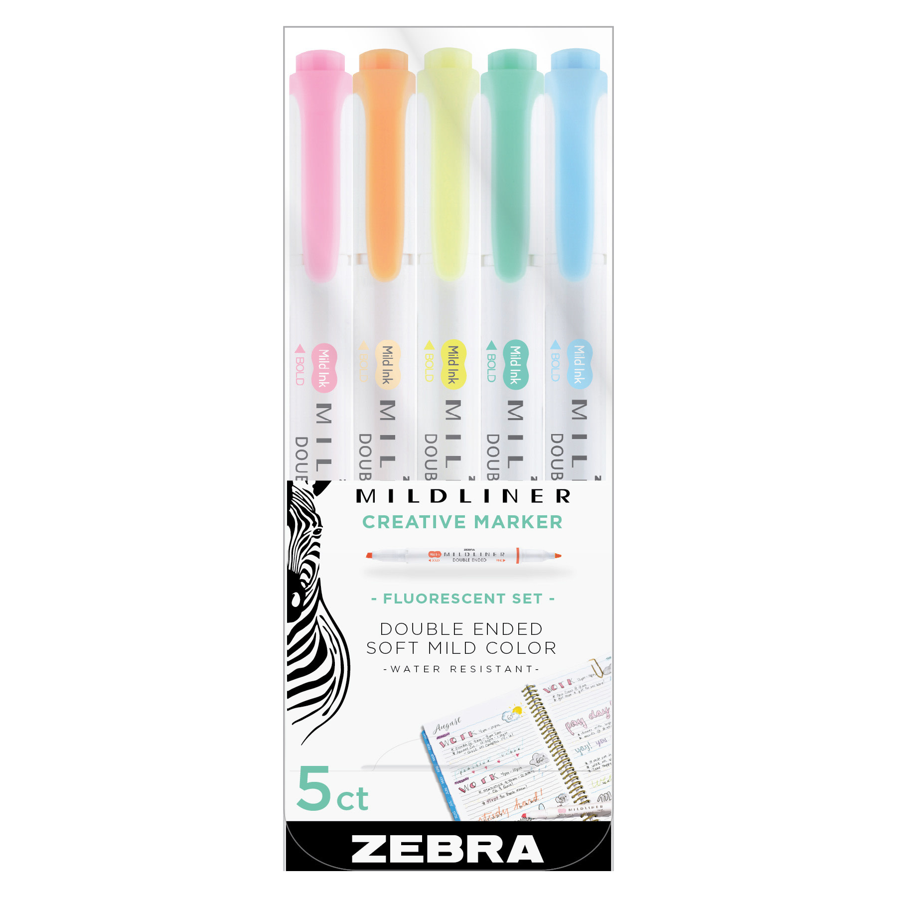 Zebra Pen Mildliner, Double Ended Highlighter, Broad and Fine Tips, Assorted Fluorescent Colors, 5-Pack